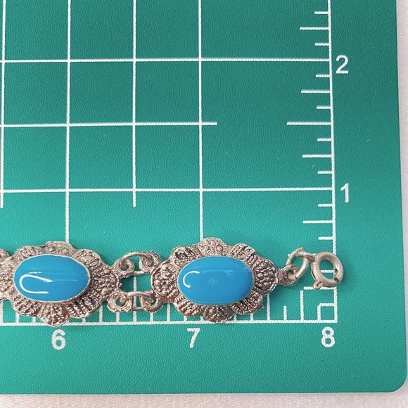 Concha Link Bracelet Blue Enamel Silver Tone Burnished Metal Spring Clasp - Picture 8 of 9